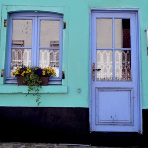 Porte et fenêtre mauves sur mur vert et noir avec pot de fleurs - France  - collection de photos clin d'oeil, catégorie rues
